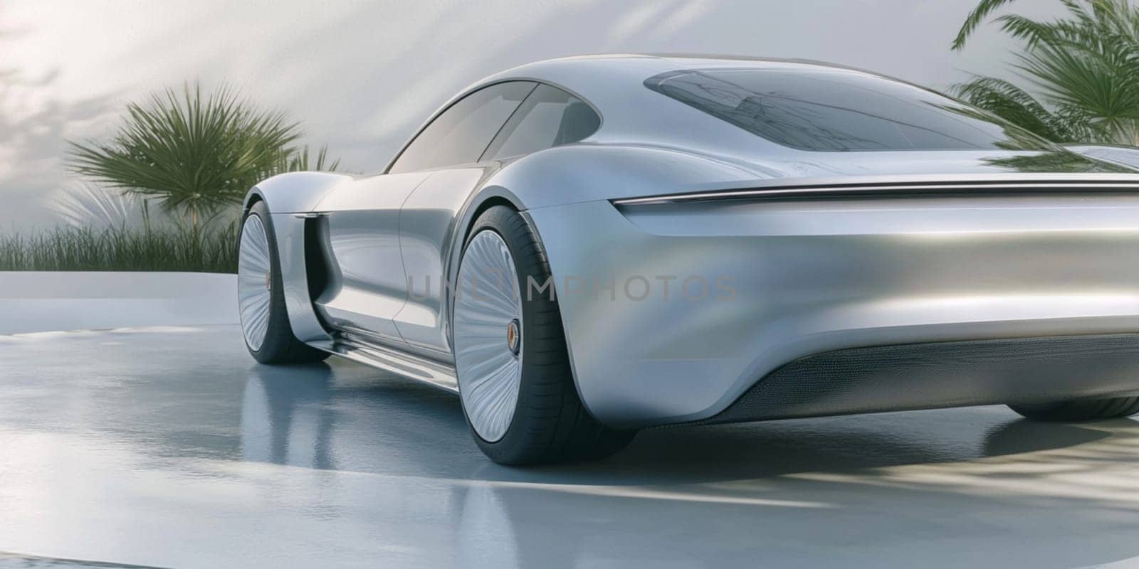 Silver electric sports car is parked in the driveway of a modern, minimalist home. The car is a sleek and stylish design, with smooth curves and sharp angles
