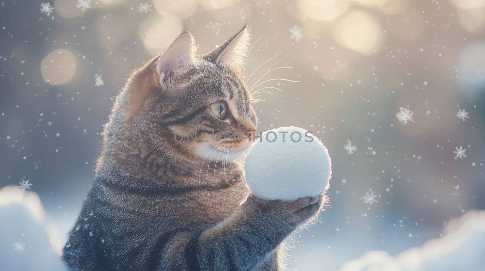 Cat holding a snowball in winter setting.