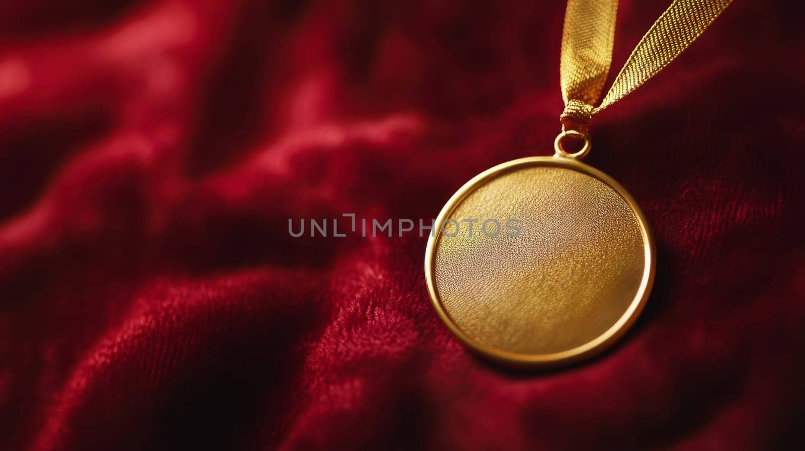 Gold medal on a plush red velvet background, symbol of achievement and success.