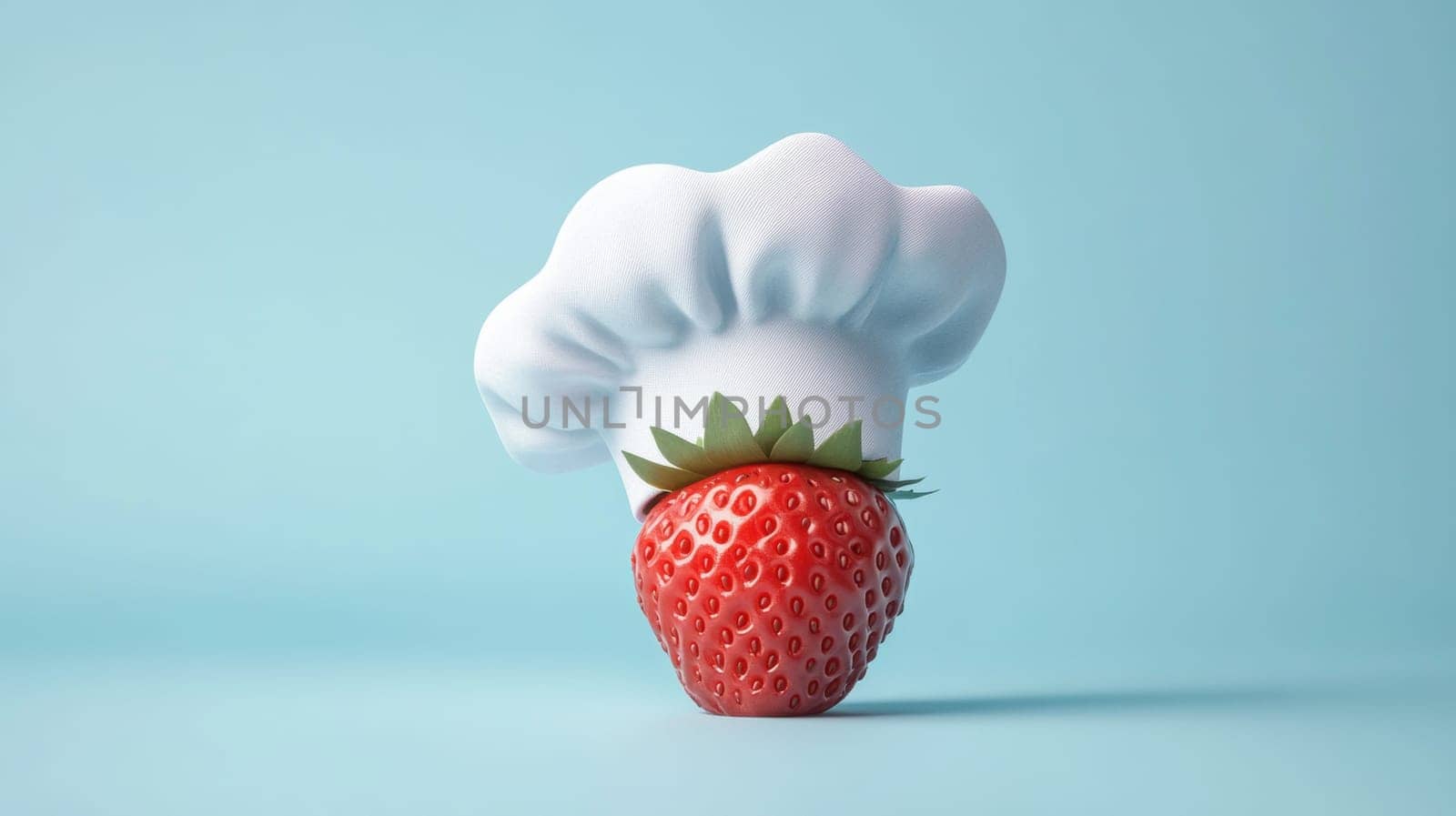 Strawberry wearing a chef hat against a blue background, creative food concept.