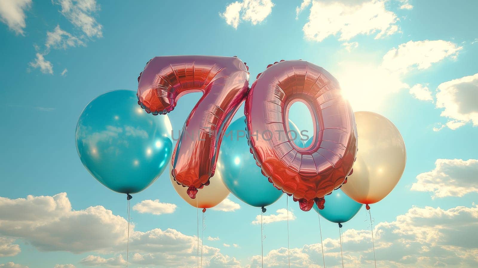 Colorful balloons with number 70 against a blue sky, festive celebration concept.