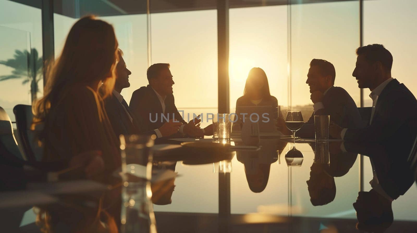 A diverse group of professionals engages in a collaborative meeting during sunset, surrounded by glass walls showcasing the scenic view, sharing insights, and enjoying refreshments.