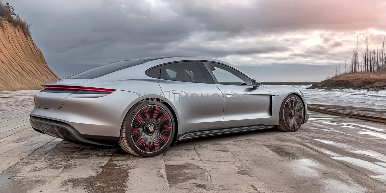 Silver electric sports car is parked in the driveway of a modern, minimalist home. The car is a sleek and stylish design, with smooth curves and sharp angles