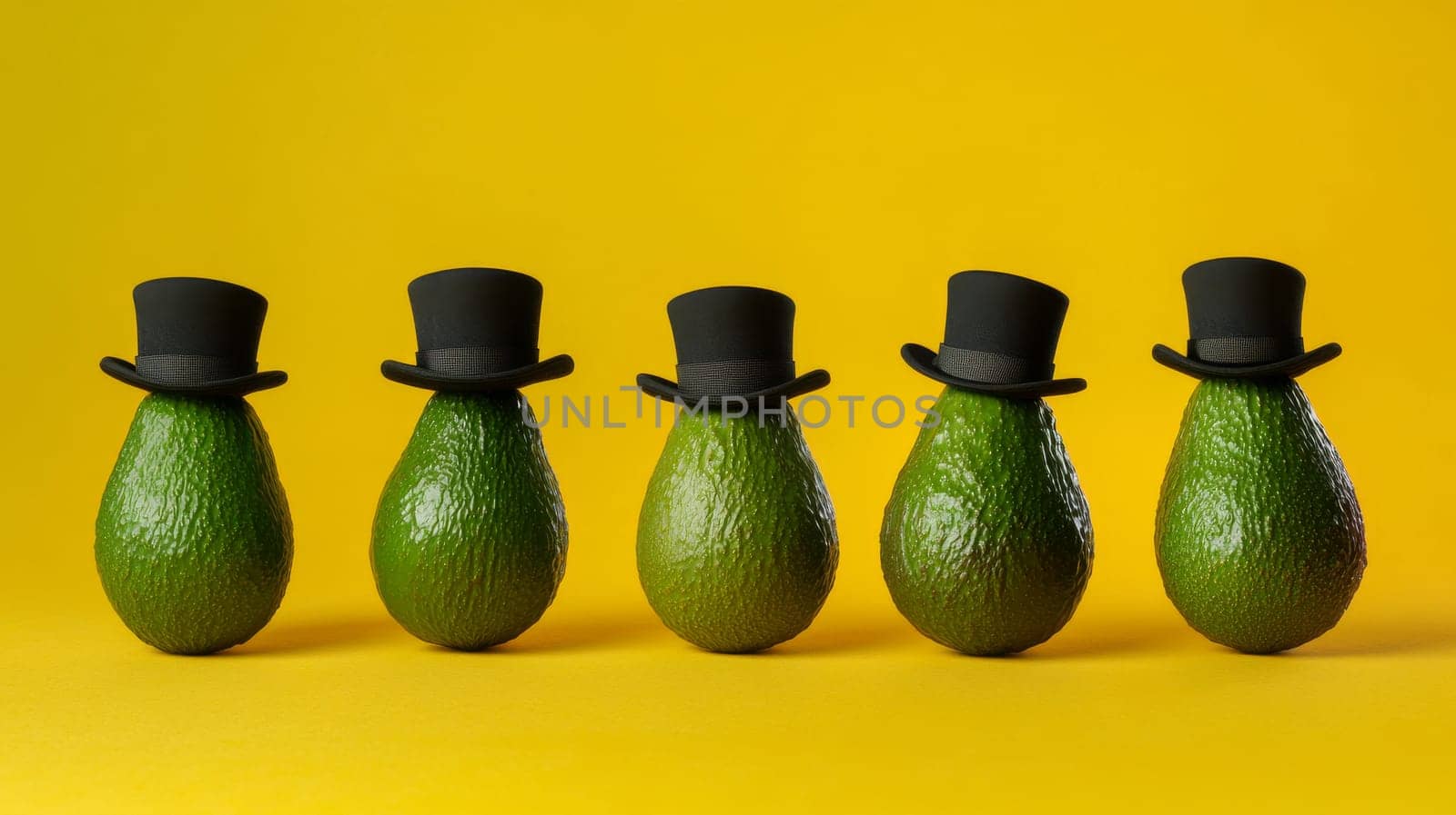Avocados with top hats on yellow background, quirky fashion and humor concept.