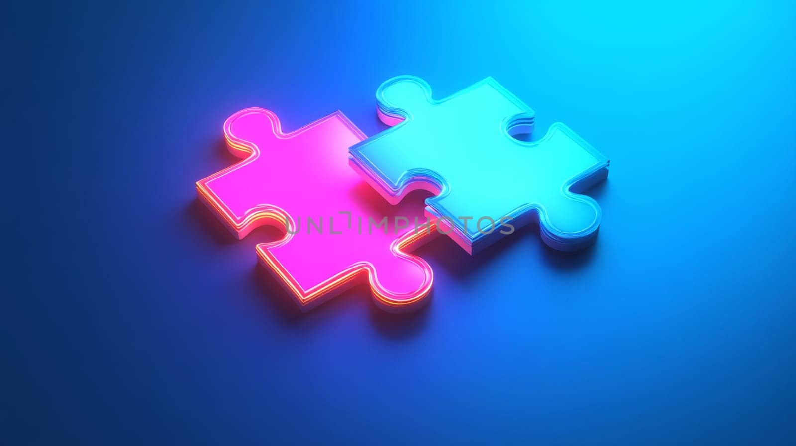 Two neon puzzle pieces on blue gradient surface.