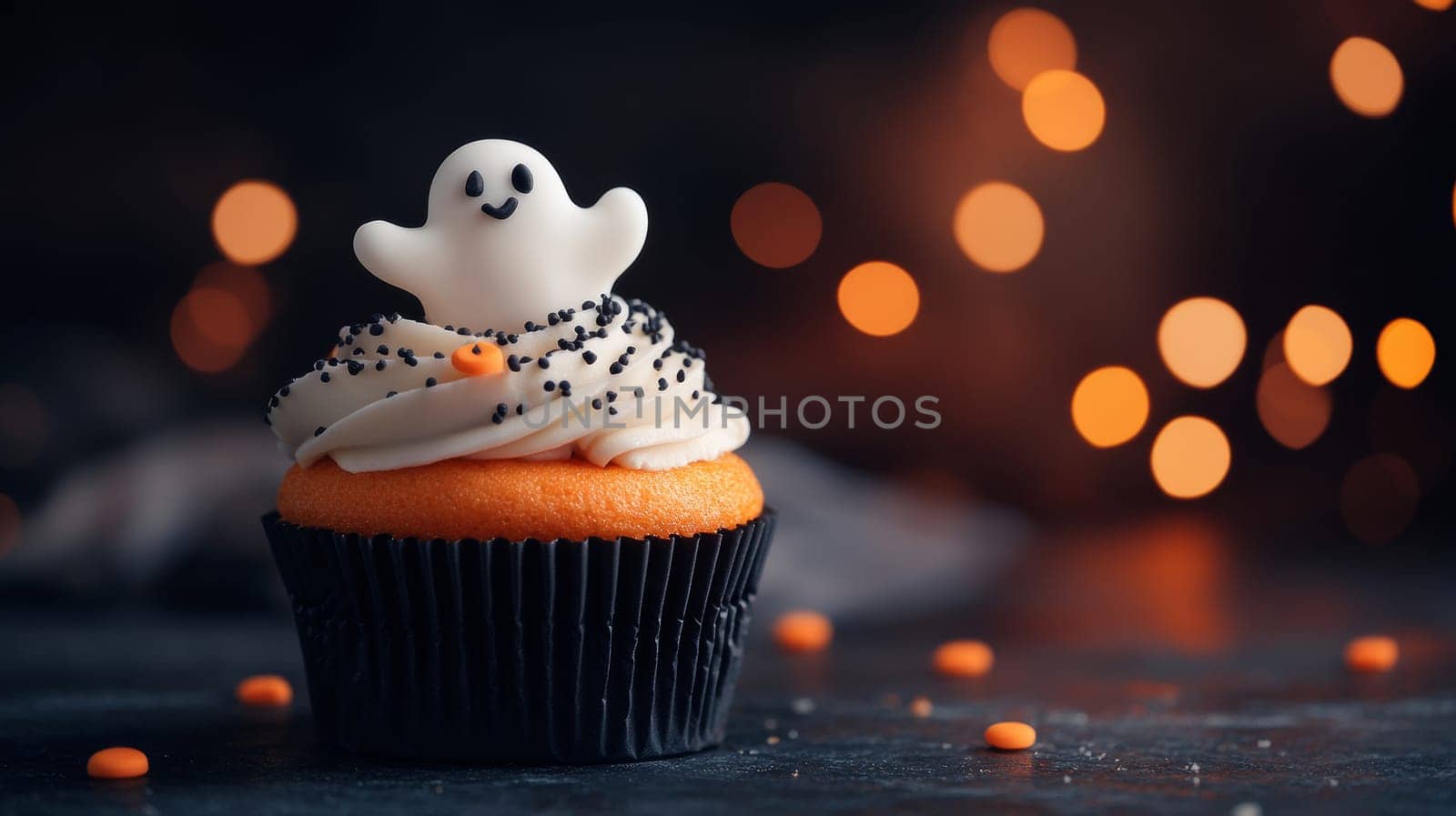 Cupcake with ghost decoration on top, halloween theme with bokeh lights effect. Festive dessert and spooky concept.