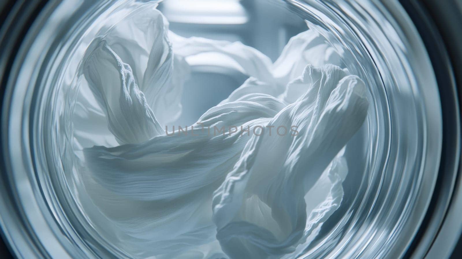 White fabric swirling inside washing machine, dynamic motion. Clean laundry and household appliances concept.