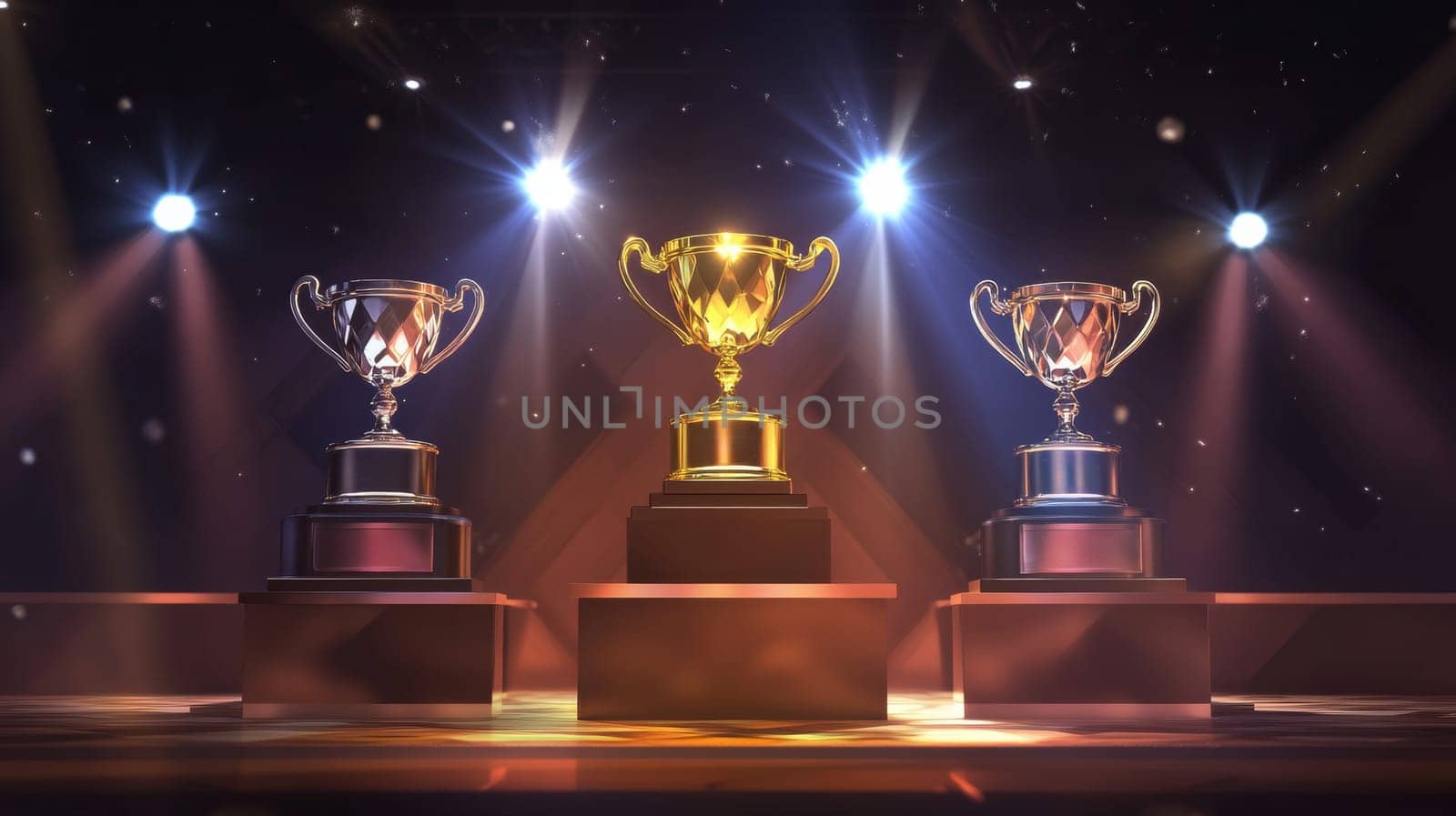 Three shining trophies on a podium under spotlights, award ceremony concept.