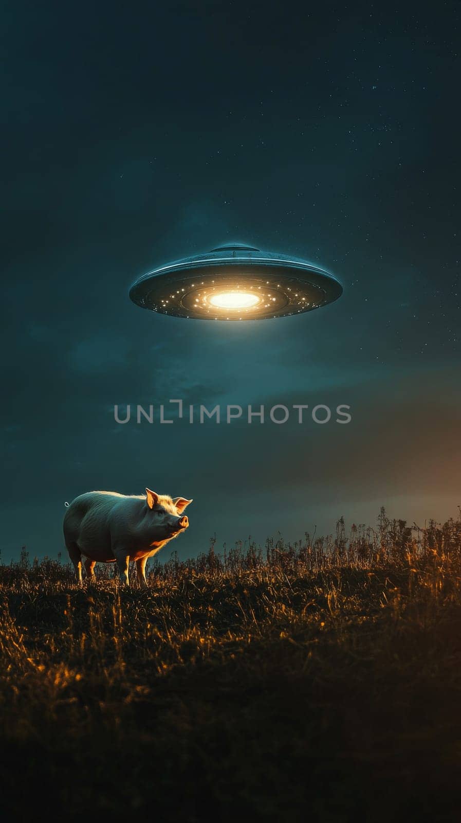 Pig on field under glowing ufo at night.