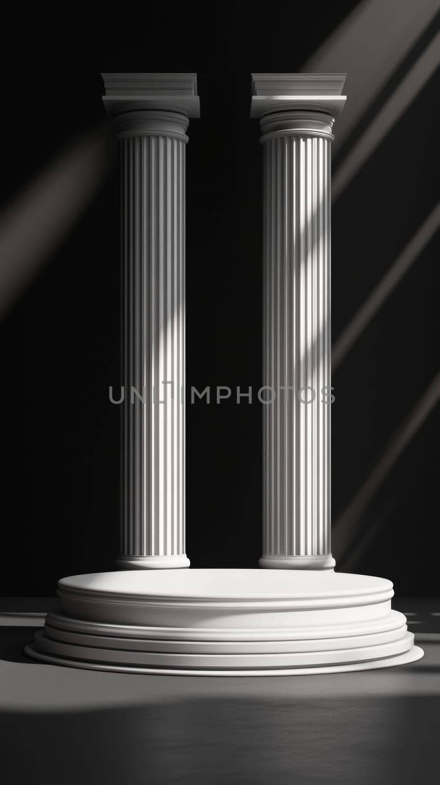 classical fluted columns on round platform with light and shadow.