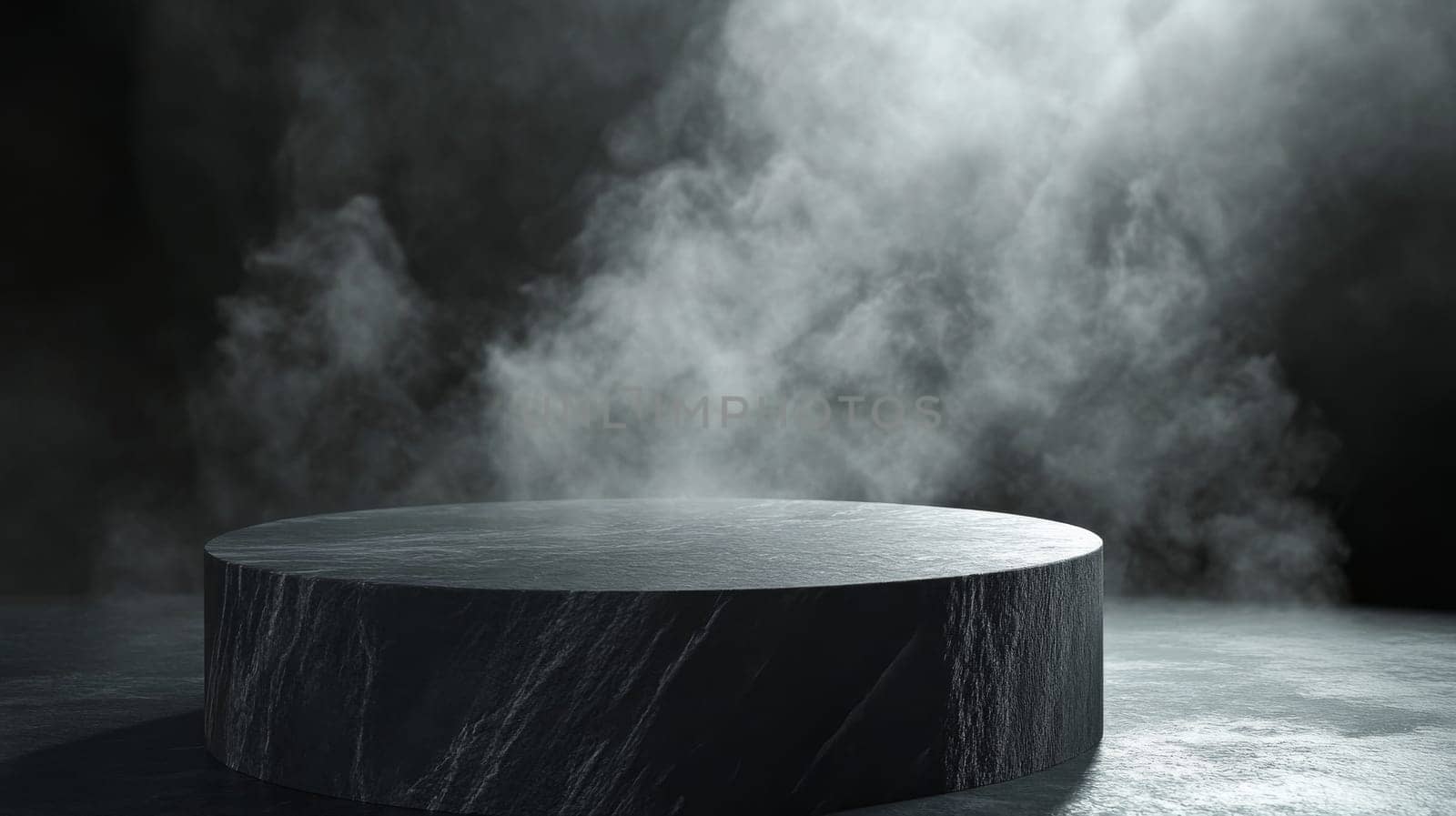Gray marble pedestal with foggy background, abstract showcase. Minimalist design concept.