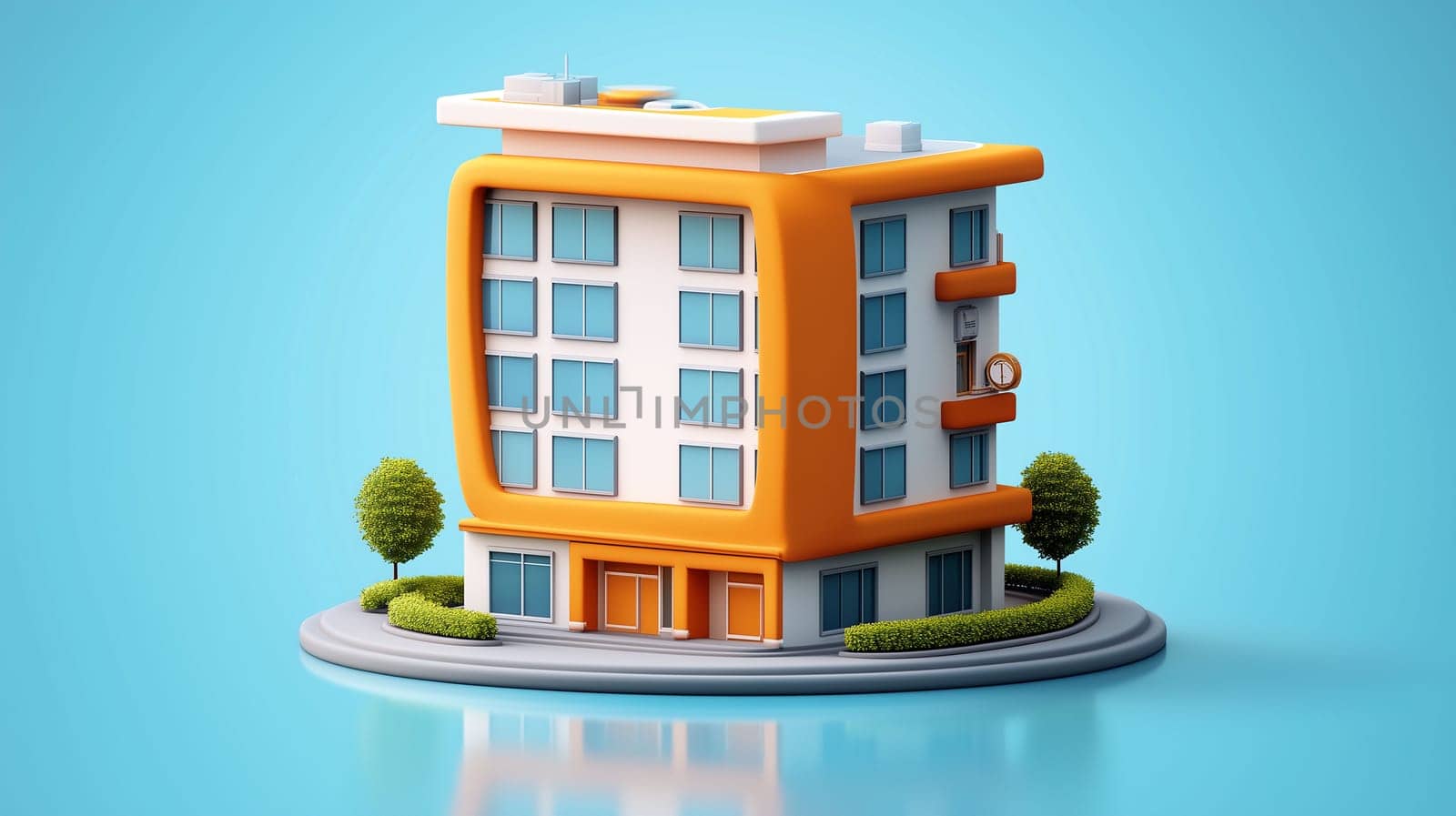 A contemporary building with vibrant orange and white accents stands prominently on a circular platform surrounded by neatly trimmed bushes. The design reflects innovative architecture.