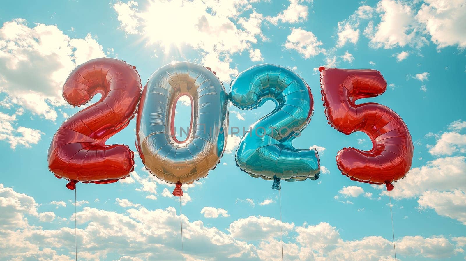 Colorful 2025 balloons floating against a blue sky, festive celebration concept.