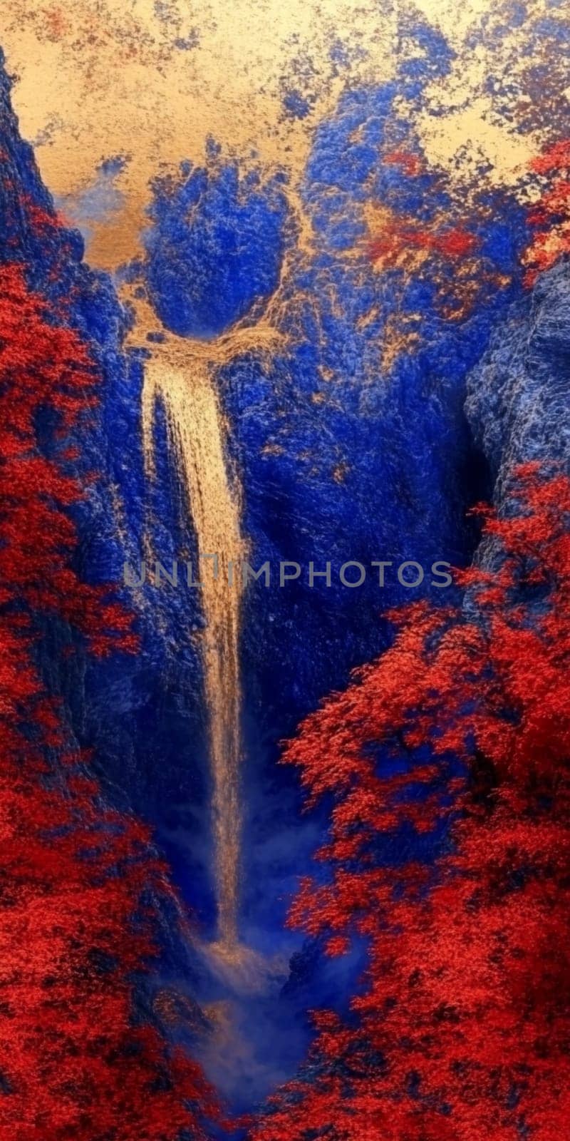 Golden waterfall cascading down a cliff into a blue canyon, surrounded by a vibrant forest with red leaves. Rocks provide a rugged backdrop to this serene outdoor scenery