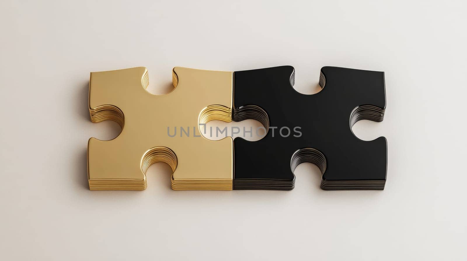Two interlocking puzzle pieces in gold and black, concept of connection and contrast.