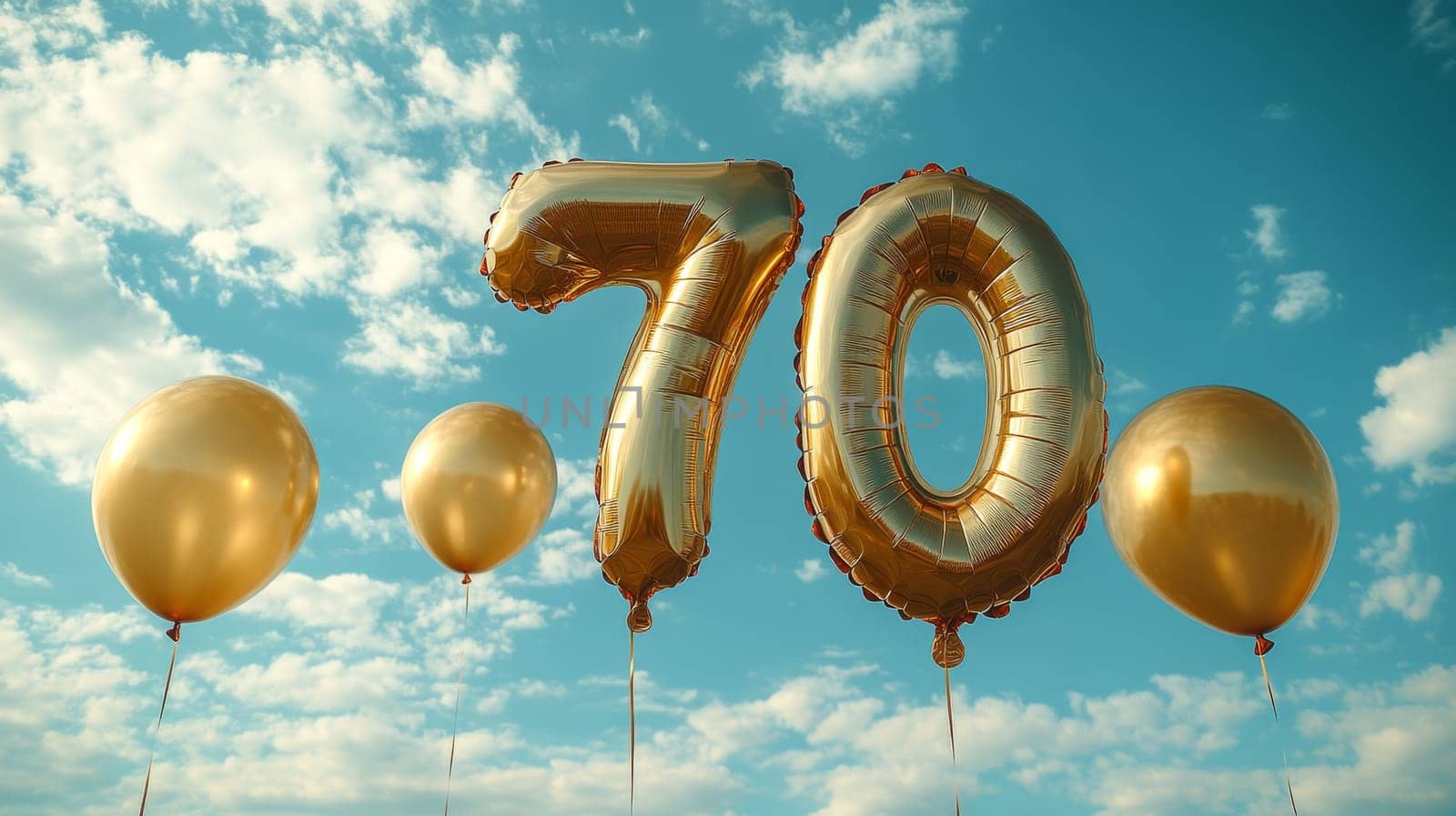Golden balloons shaped as 70 in blue sky celebration, festive atmosphere.