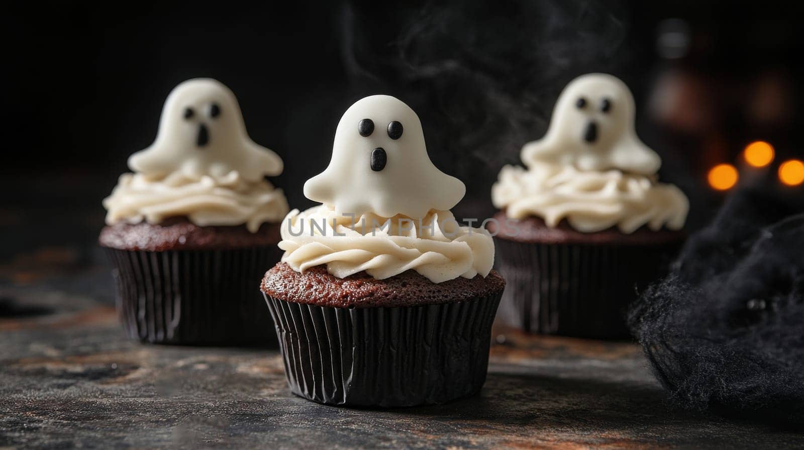 Halloween ghost cupcakes with dark background, festive food concept.
