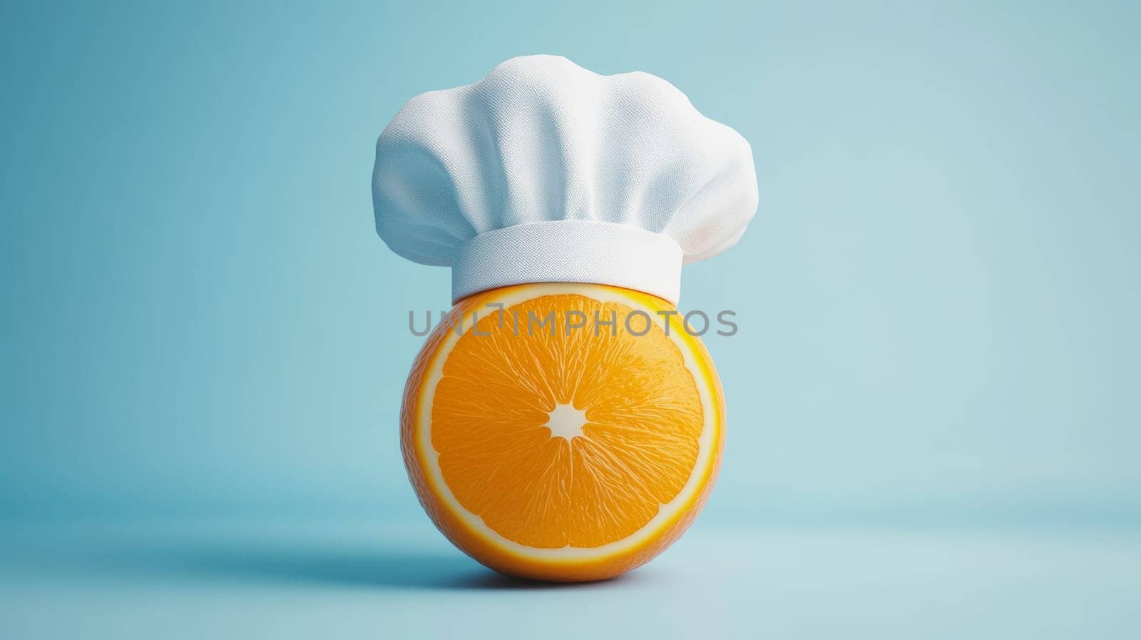 Orange with chef hat on blue background, creative food concept.