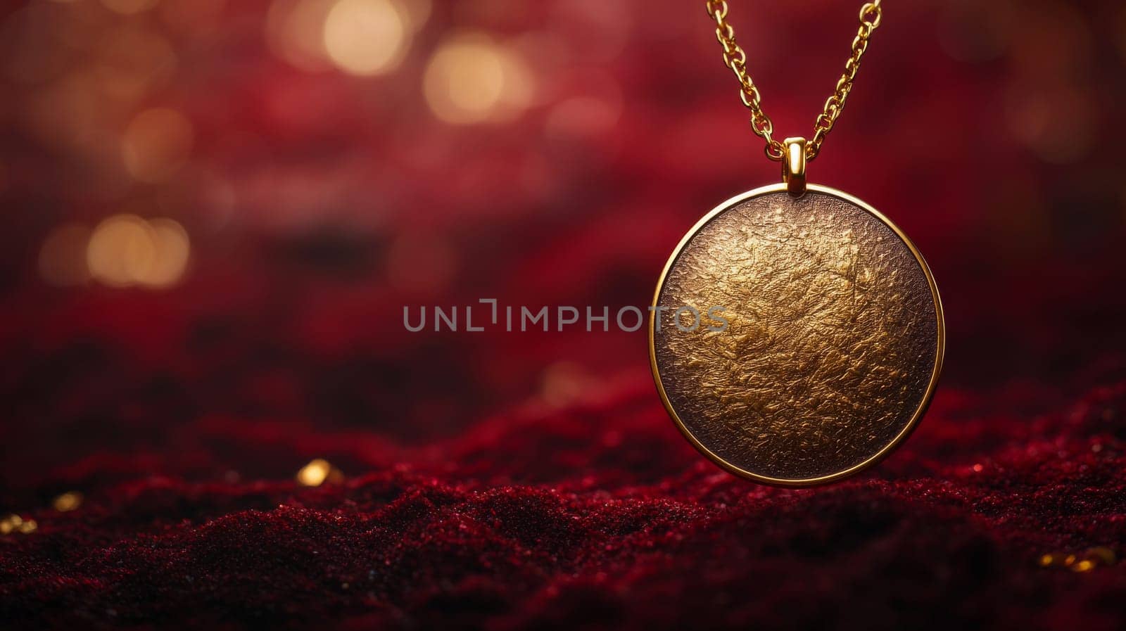 Gold pendant on red velvet background, luxurious fashion accessory concept.