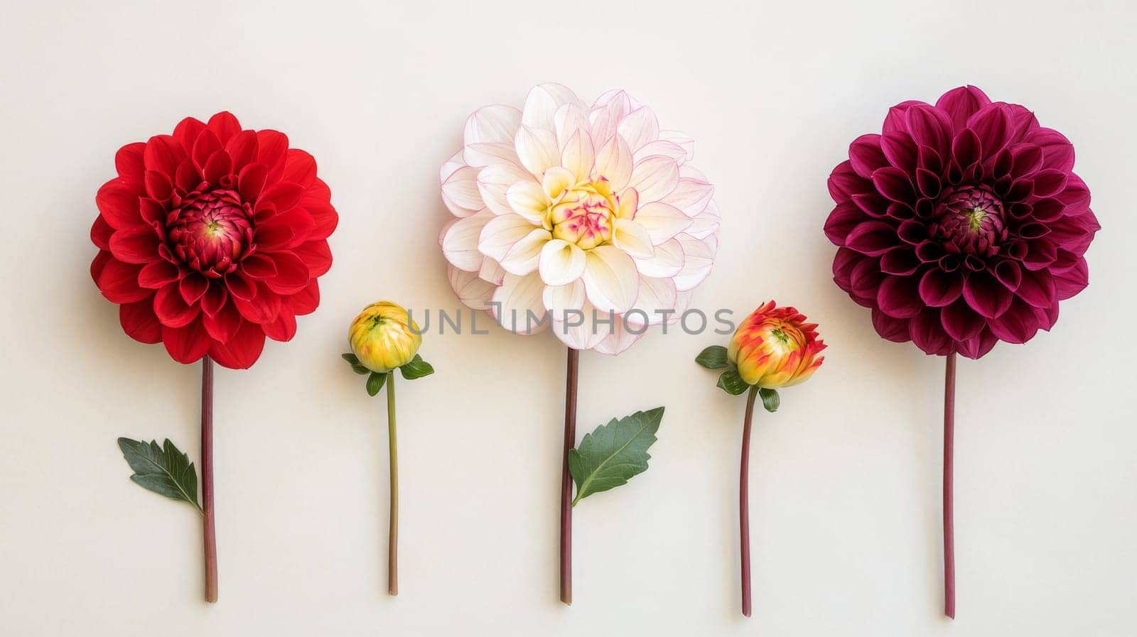 Dahlia flowers arranged in a row on a white background, colorful flora exploration concept.