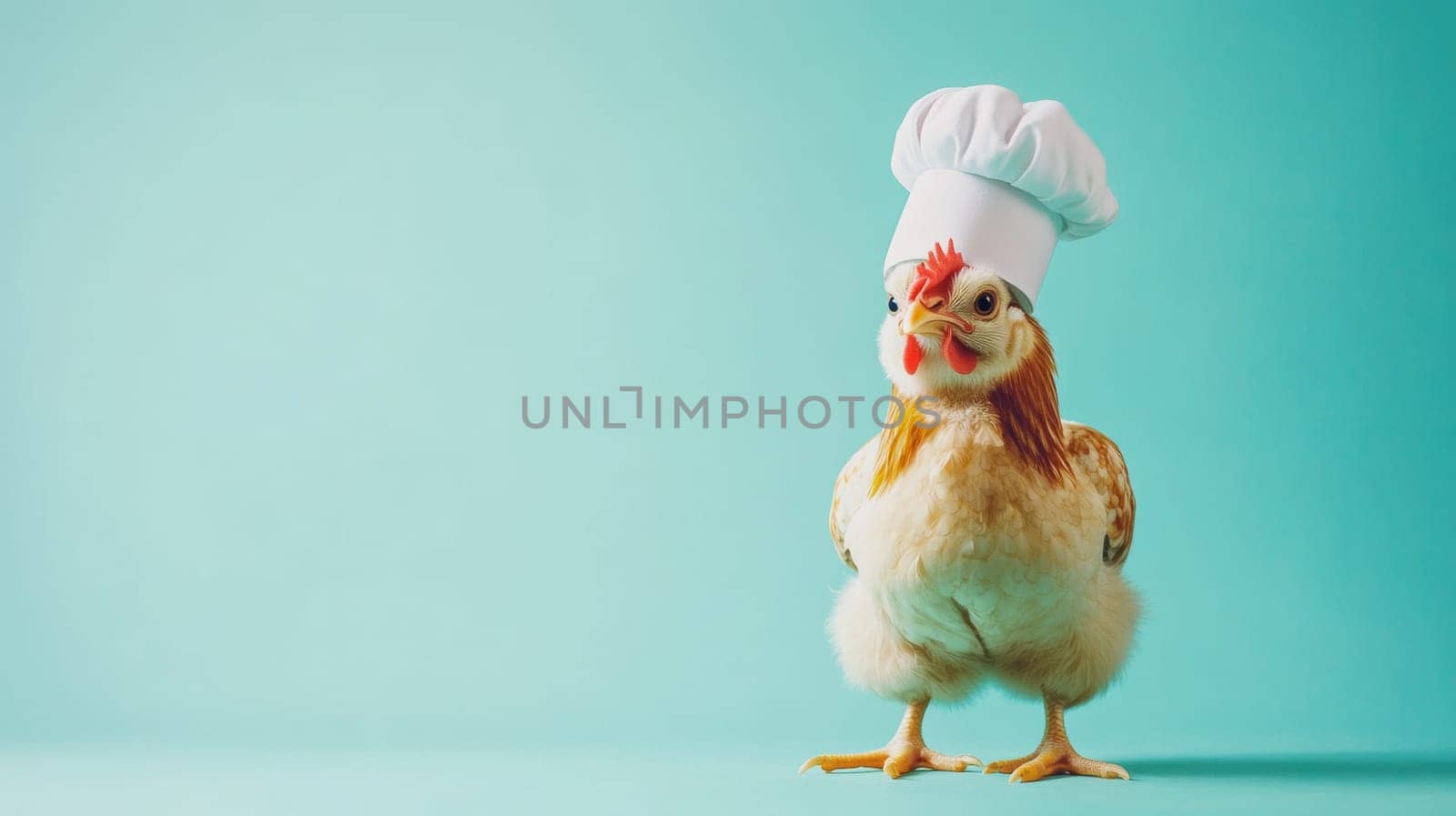 Chicken wearing chef hat on blue background.