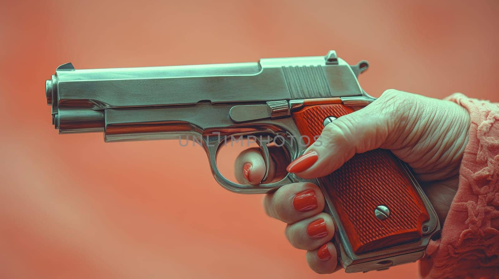 Close-up of a hand holding a silver pistol with a red handle against an orange background. Self-defense and personal safety concept.