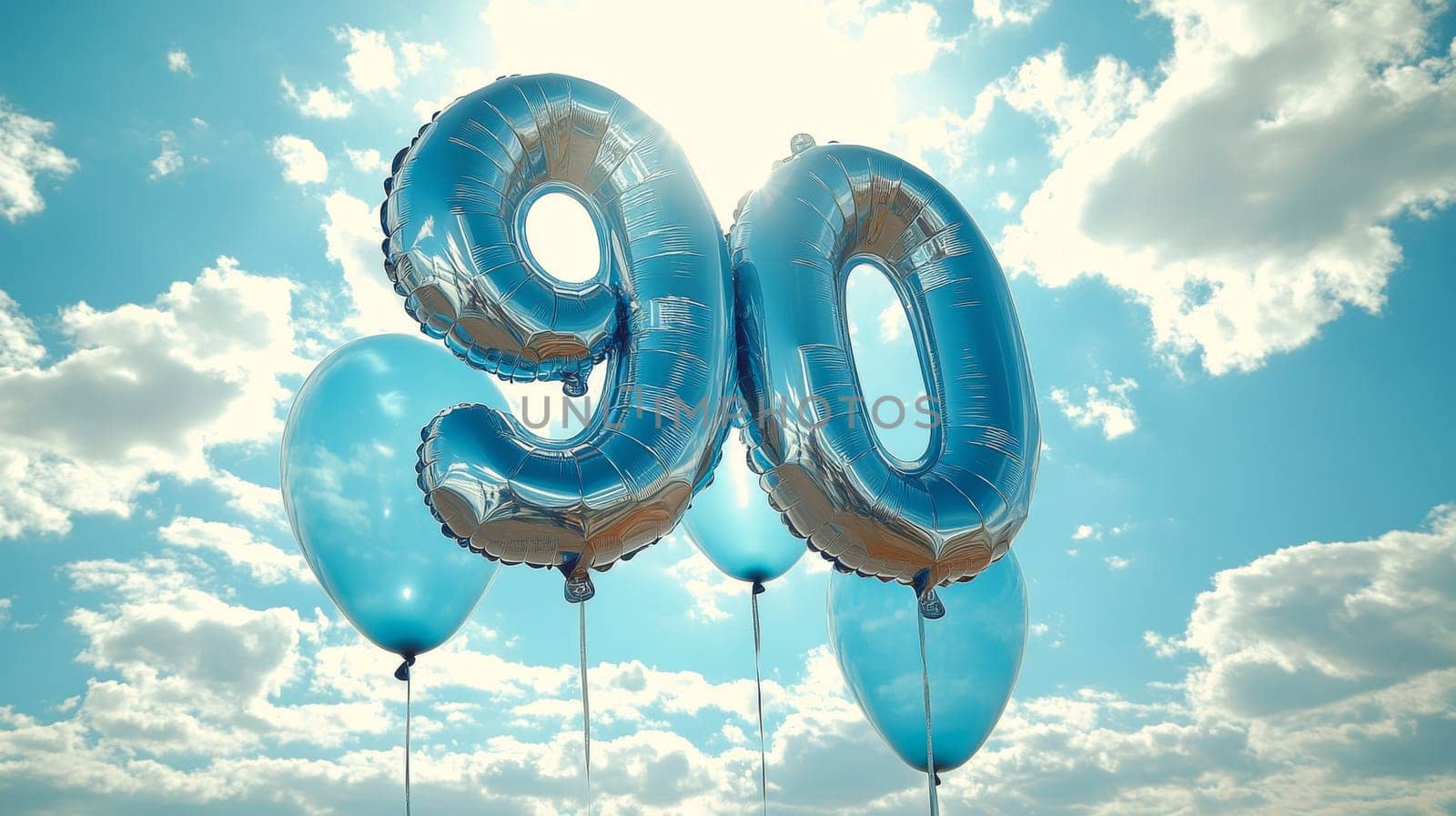 Blue balloons forming the number 90 against a sunny sky. Celebration and milestone concept.