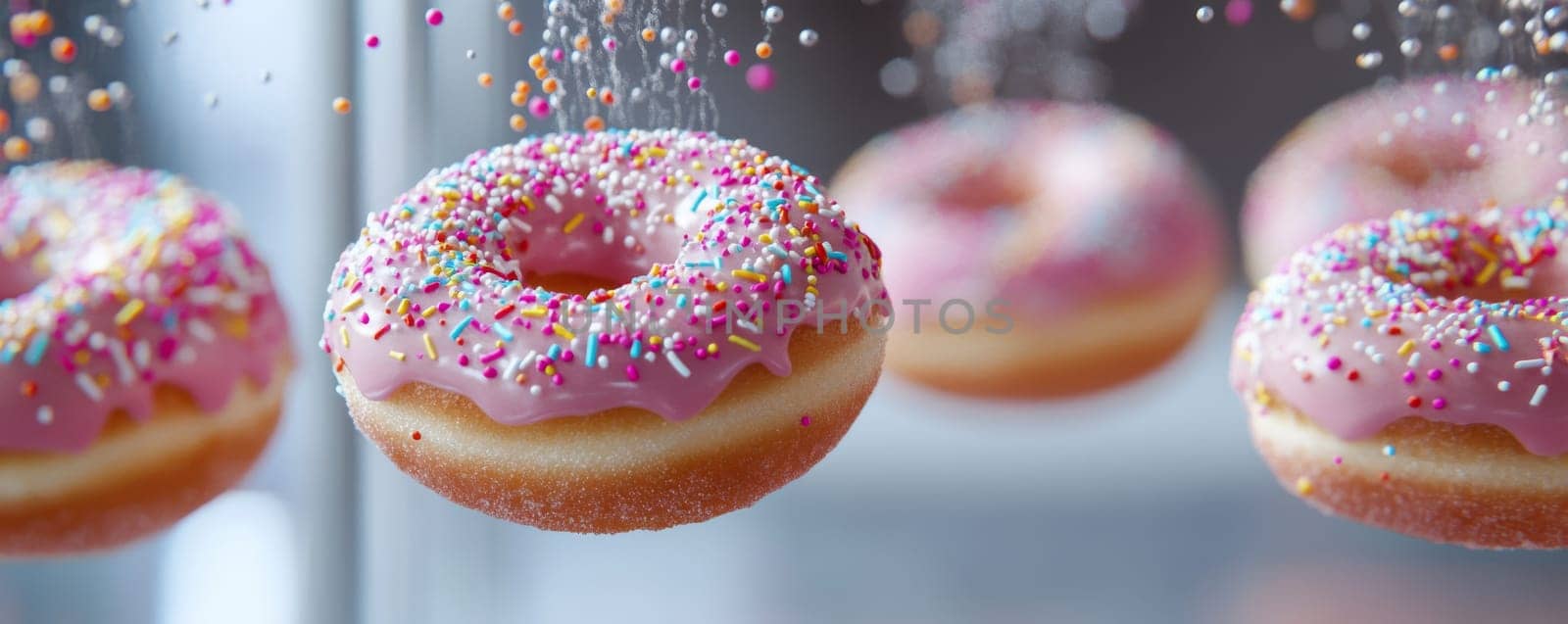 Pink frosted donuts with colorful sprinkles in midair.