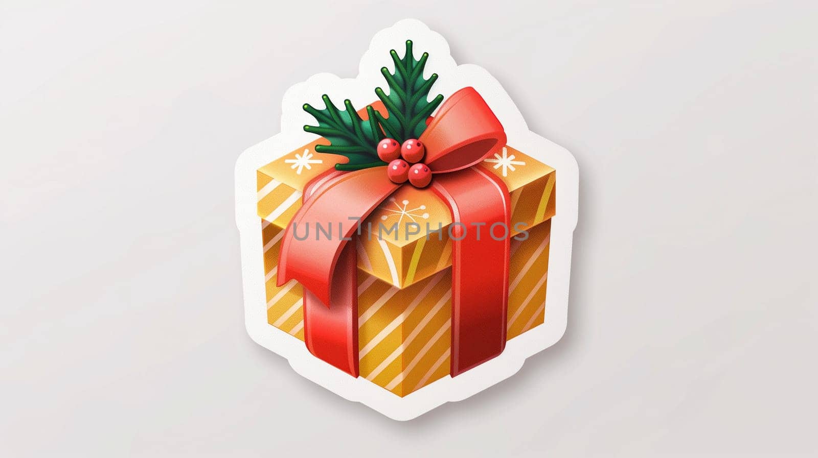 A beautifully wrapped gift box features a vibrant red ribbon and festive holly decorations, embodying the spirit of celebration during the holiday season.
