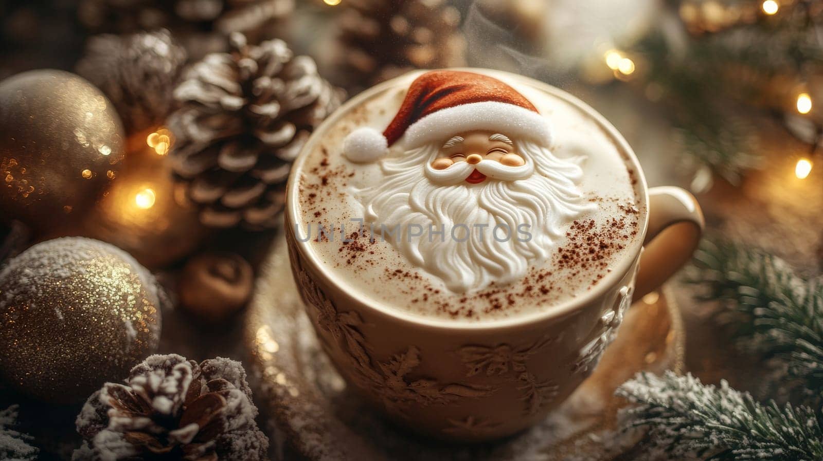 Santa Claus latte art in cozy Christmas setting.