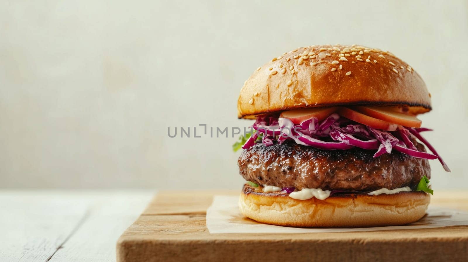 A delicious beef burger piled high with red cabbage, tomatoes, and creamy sauce on a sesame seed bun sits on a wooden cutting board.