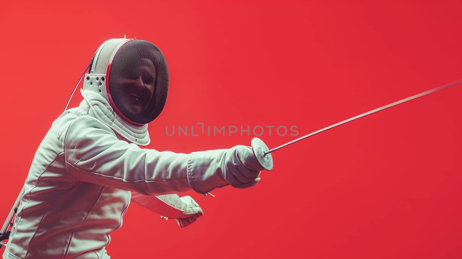 A fencer, clad in protective gear, joyfully lunges forward with a sword, showcasing precision and confidence in an energetic display of skill against a striking red backdrop.