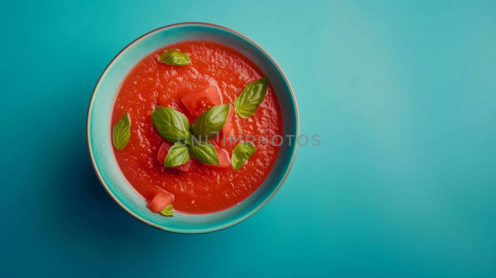A vibrant bowl of fresh tomato basil soup sits beautifully against a bright blue backdrop, garnished with fresh basil leaves and diced tomatoes. The dish presents a warm, inviting appearance, perfect for inviting a sense of comfort and nourishment.