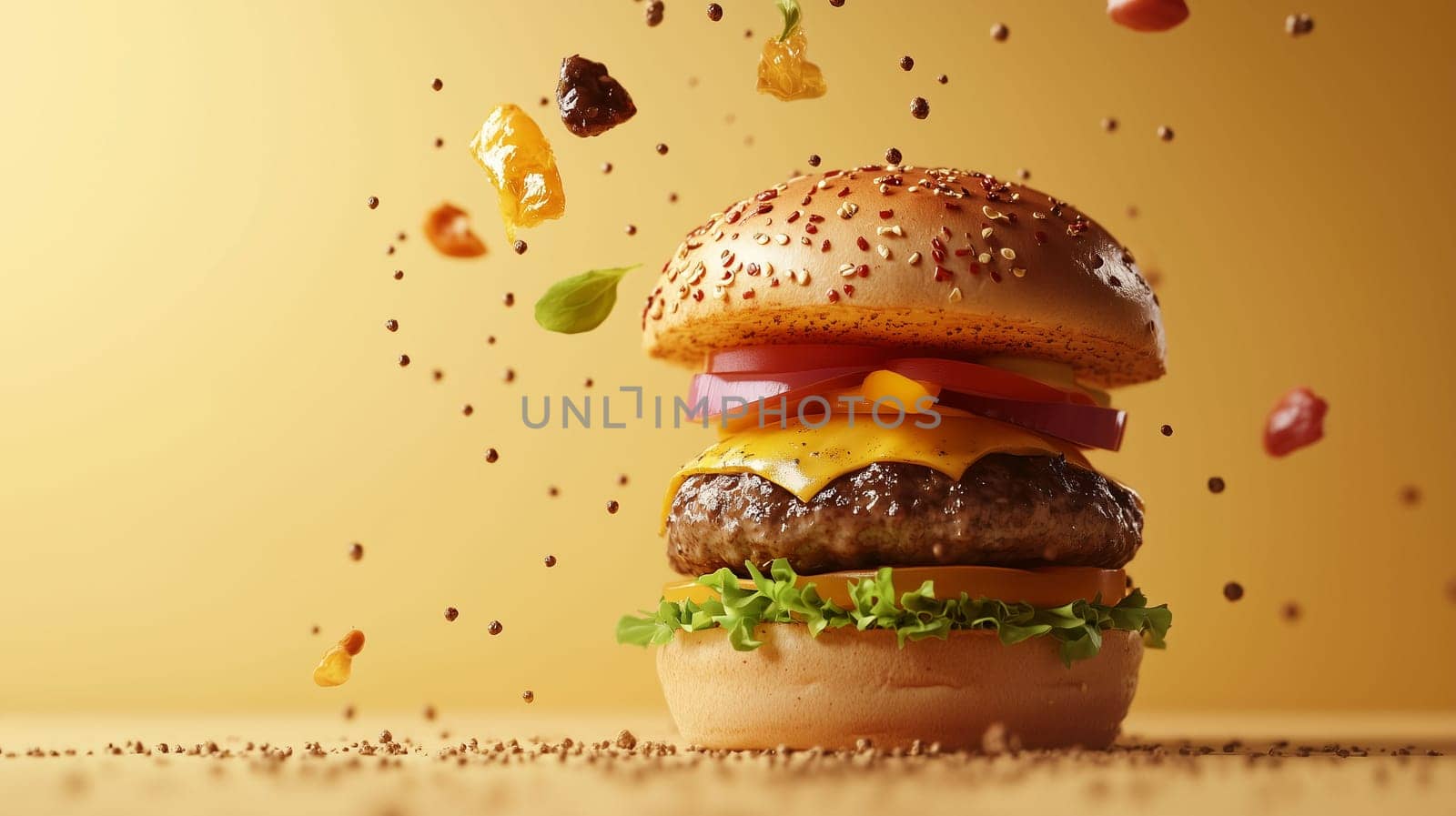 A cheeseburger with a juicy patty, melted cheese, and colorful toppings appears to be suspended in air with savory ingredients surrounding it.
