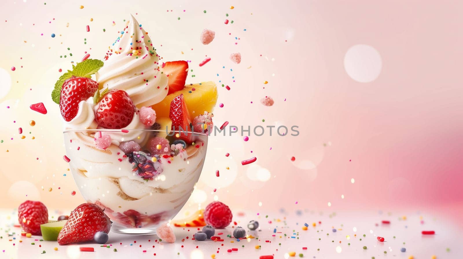 A delightful serving of frozen yogurt topped with vibrant strawberries, raspberries, and colorful sprinkles. The dessert is presented in a clear glass bowl, set against a soft, pastel background that enhances its appeal. This treat is perfect for a warm day or a festive celebration.