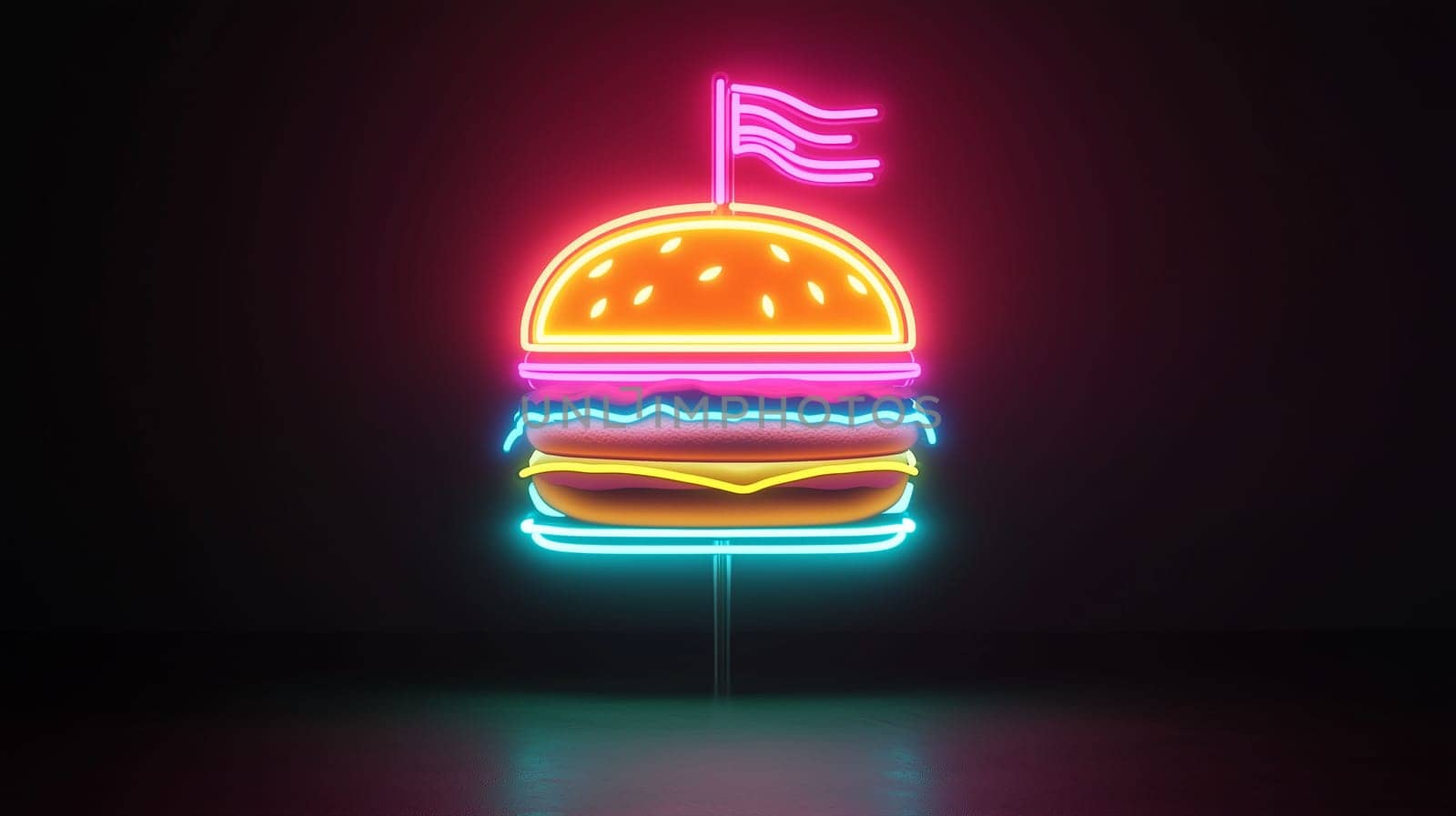 A vibrant neon sign of a burger with layered toppings and a flag on top glows brightly against a dark background.