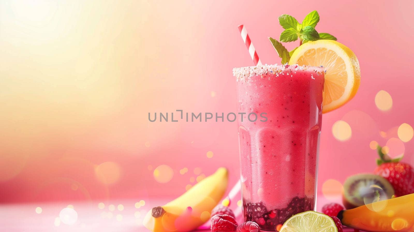 A tall glass filled with a vibrant fruit smoothie sits against a soft pink background. The smoothie is topped with fresh lemon and mint leaves. Surrounding the glass are colorful slices of banana, lime, and an assortment of berries, creating an inviting and refreshing appearance.
