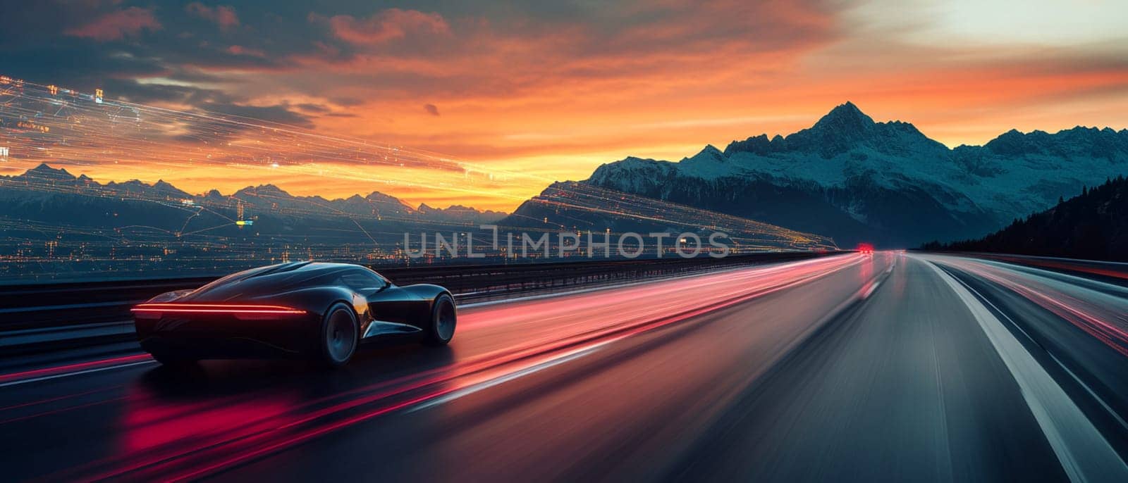 Futuristic autonomous car is speeding on a highway in the mountains with motion blur light trails behind it at sunset