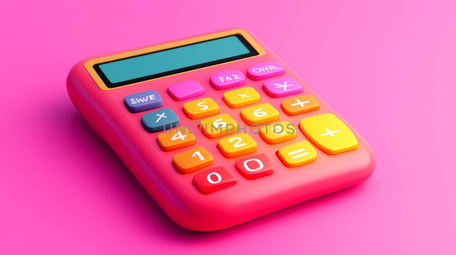 A vibrant handheld calculator rests against a bright pink background, displaying various digits and mathematical symbols in lively colors, ready for calculation and learning.