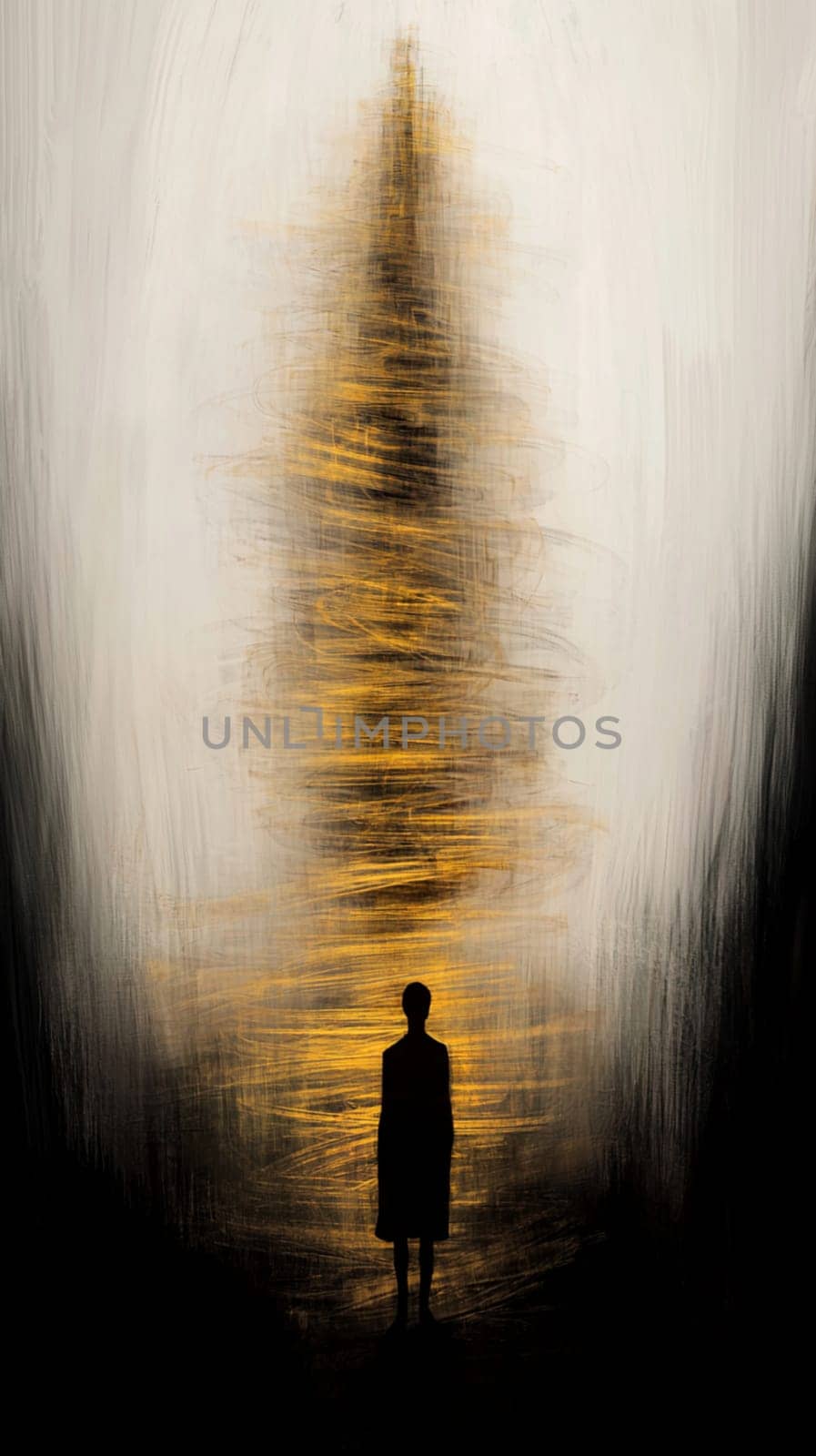 Lone silhouette is standing in front of a swirling golden vortex of light in this abstract painting. The figure appears small against the abstract background of light and dark