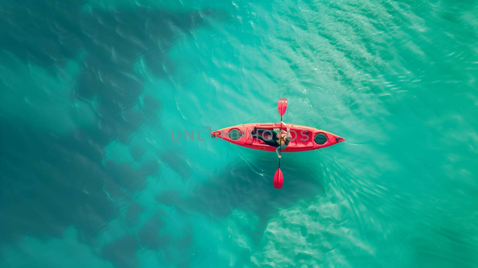 A person is enjoying a thrilling kayaking experience in serene turquoise waters, surrounded by vibrant marine life. The sun shines brightly overhead, creating sparkling reflections on the water’s surface, enhancing the feeling of adventure and tranquility.