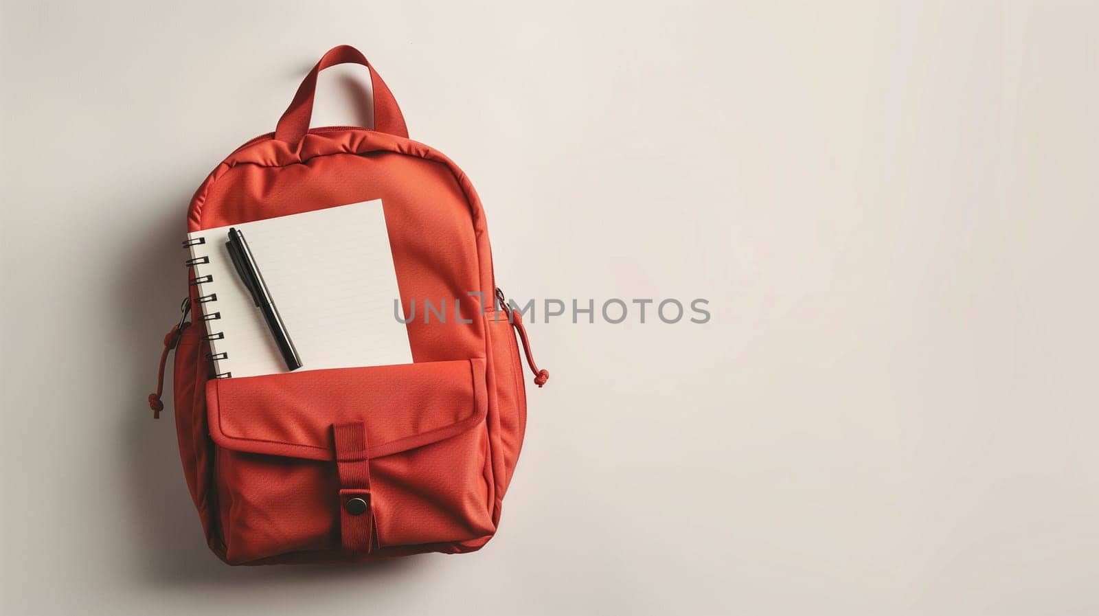 A vibrant backpack rests against a soft light background, showcasing a neatly placed notebook and pen that are slightly peeking out. This setup suggests preparation for writing or studying, inviting creativity and productivity. The backpack’s bold color and the subtle details enhance the overall aesthetic appeal, making it perfect for students or professionals.