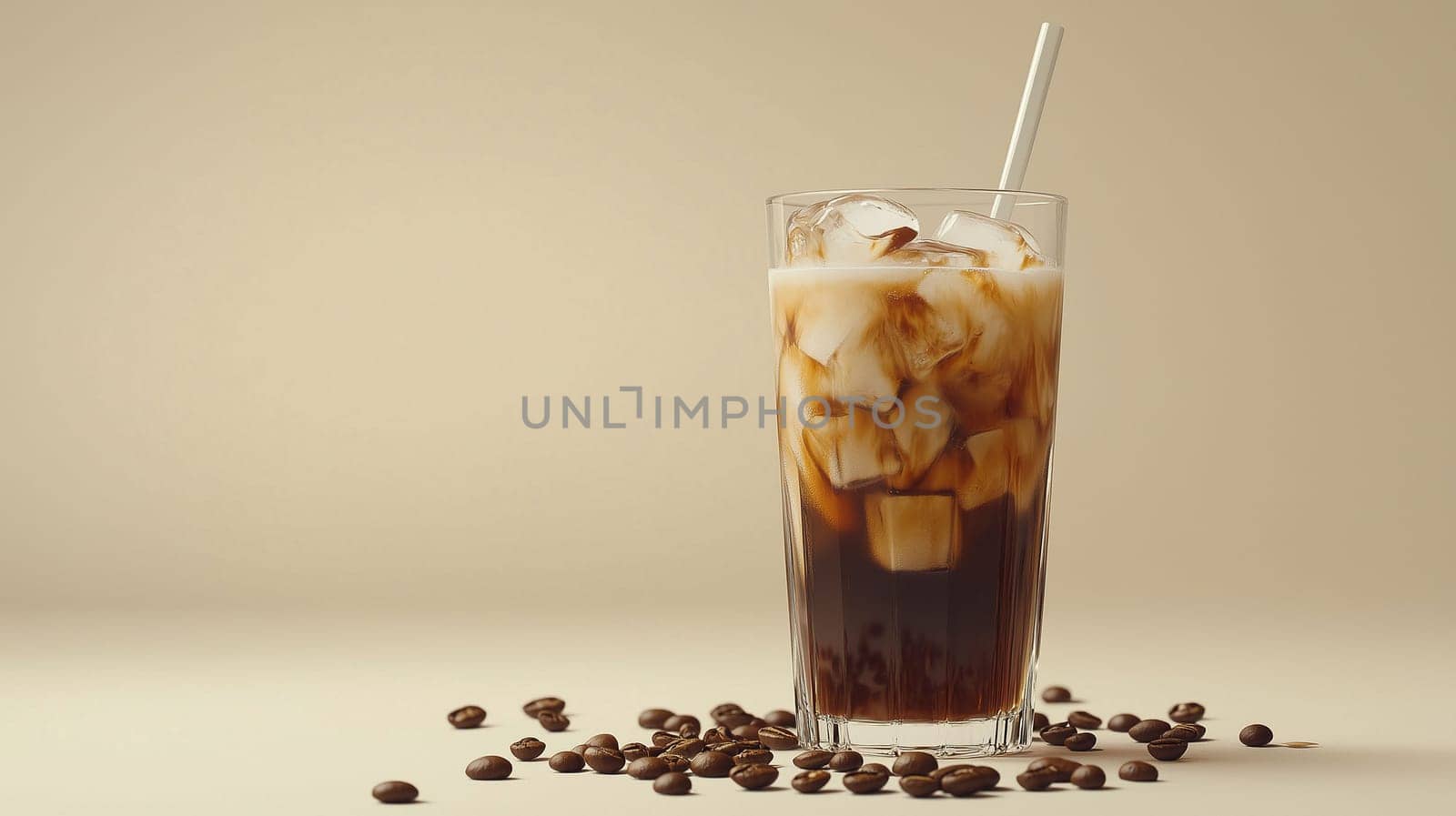 A tall glass filled with iced coffee, featuring ice cubes and a straw, sits next to scattered coffee beans on a soft, light-colored background, creating an inviting beverage display.