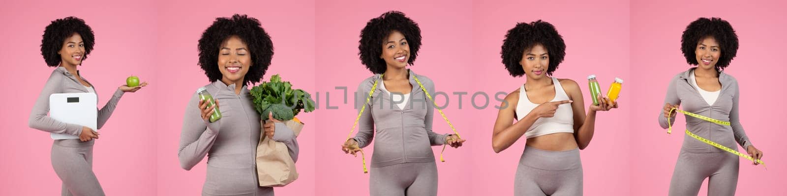 African American woman showcases her commitment to a healthy lifestyle by holding fruits and vegetables, while also displaying fitness equipment, all against a vibrant pink background.