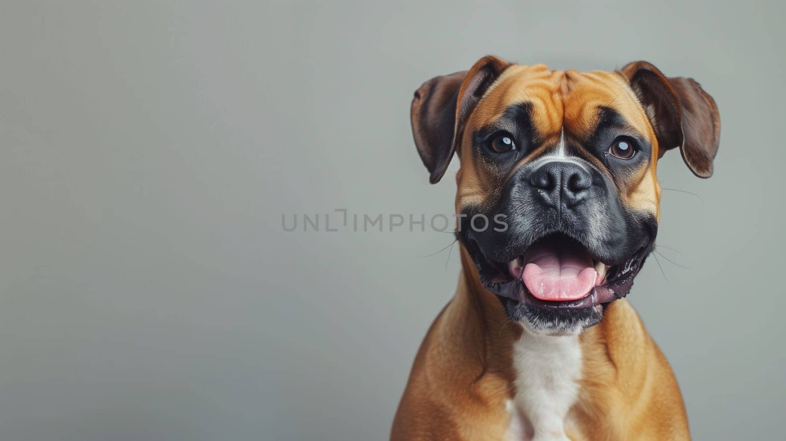 A cheerful boxer dog smiles with its mouth open, gazing directly at the camera. The dog’s fur is a mix of brown and white, and its playful expression adds to the friendly ambiance of the studio background.