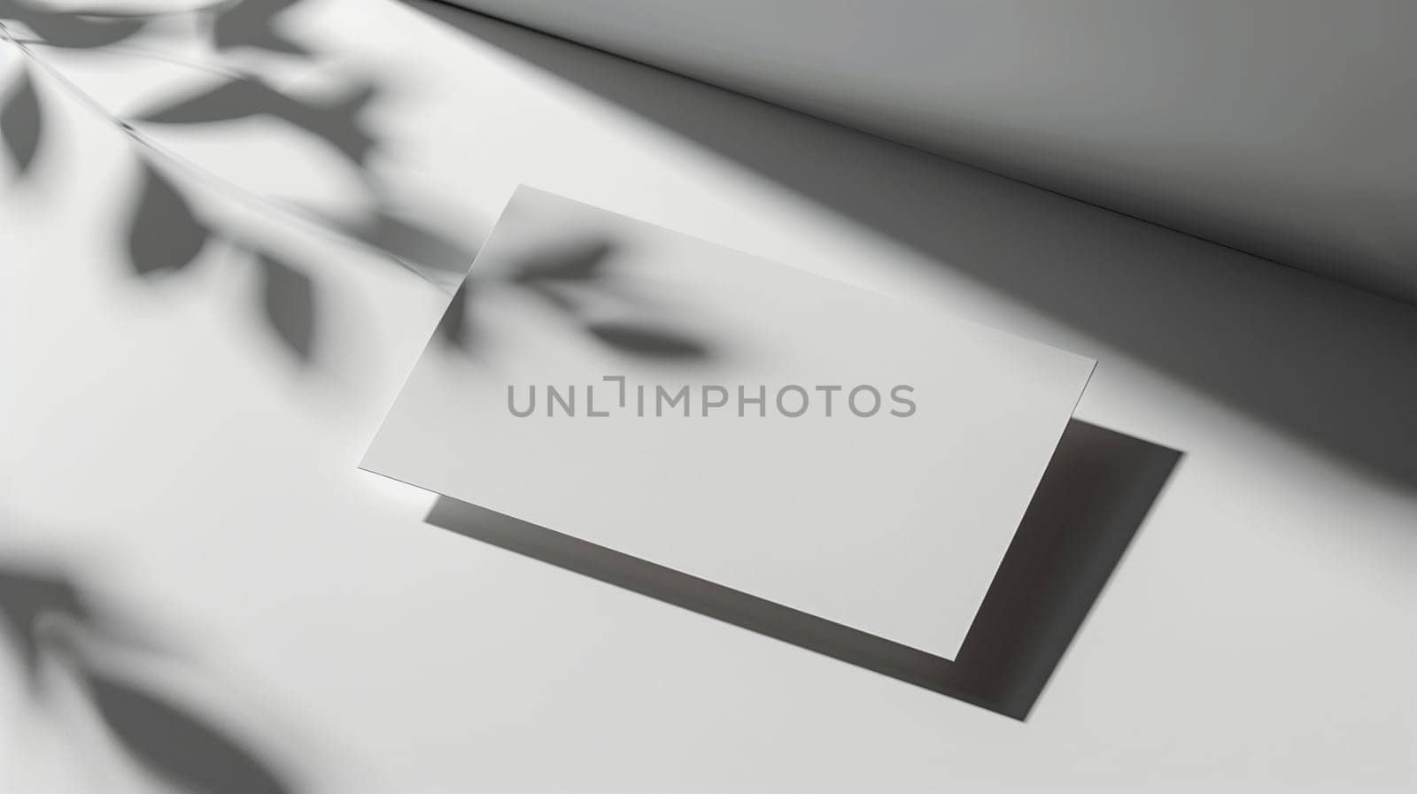 A blank white canvas rests on a flat surface, illuminated by gentle light that casts soft shadows from nearby leaves. The interplay of light and shadow contributes to a serene and minimalist atmosphere, emphasizing simplicity and creativity.