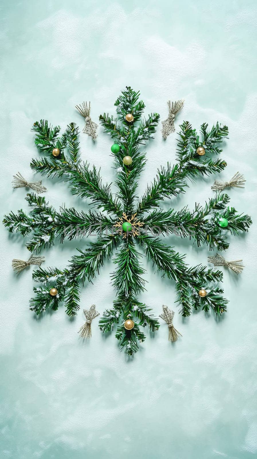 Christmas snowflake made of pine branches with ornaments on light green background. Holiday decoration concept.