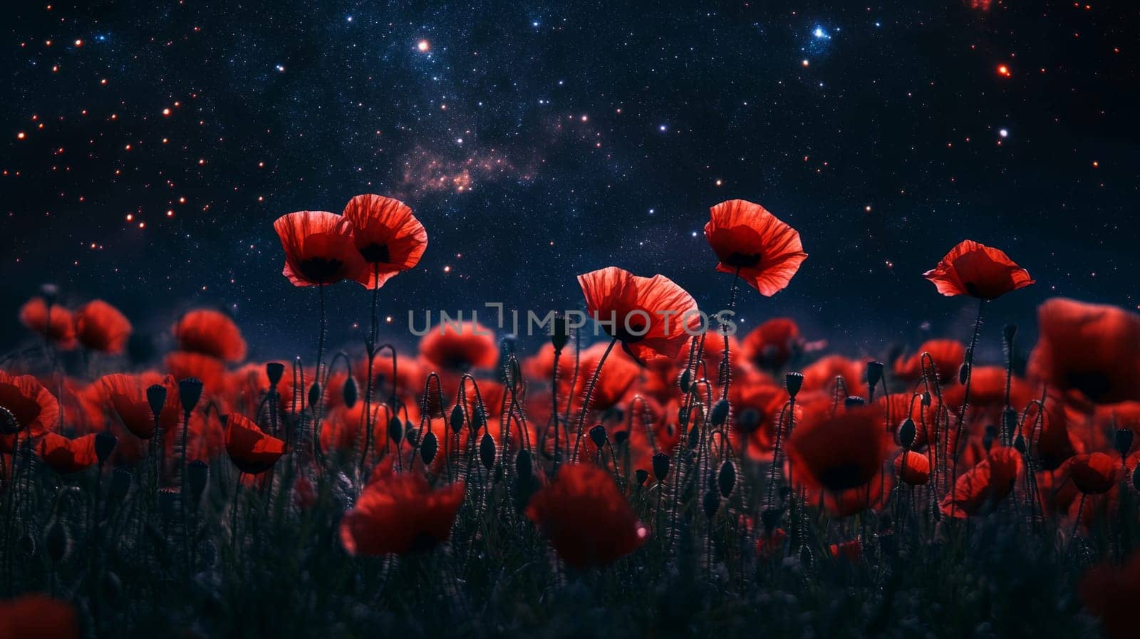 Field of red poppies under a starry night sky, dreamy nature scenery.