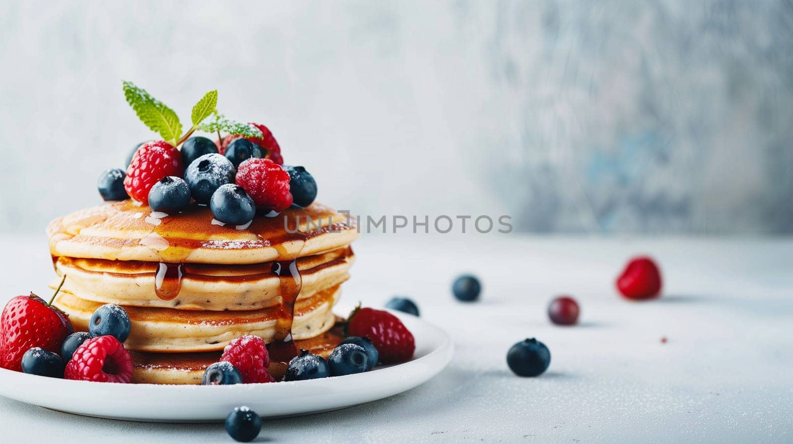 A beautiful stack of fluffy pancakes sits on a white plate, generously topped with an assortment of fresh blueberries and raspberries. The pancakes are drizzled with golden maple syrup and garnished with a sprig of mint, creating an inviting and delicious breakfast treat. The light, airy background enhances the vibrant colors of the berries and syrup.