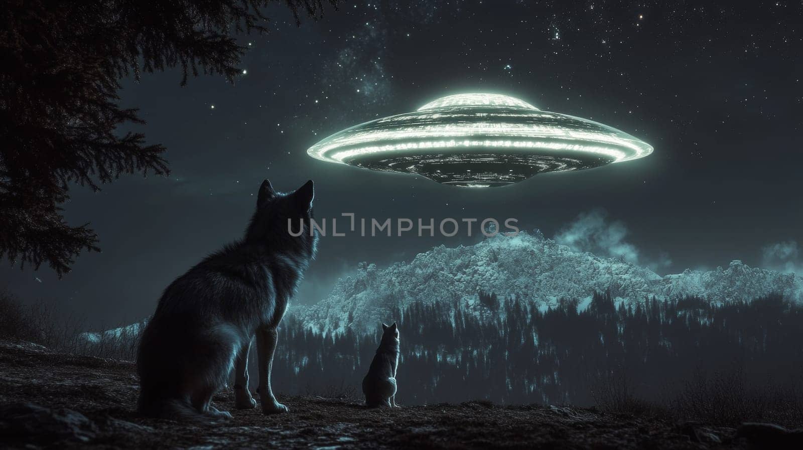 Wolves watching a UFO over a snowy forest at night, mysterious encounter concept.